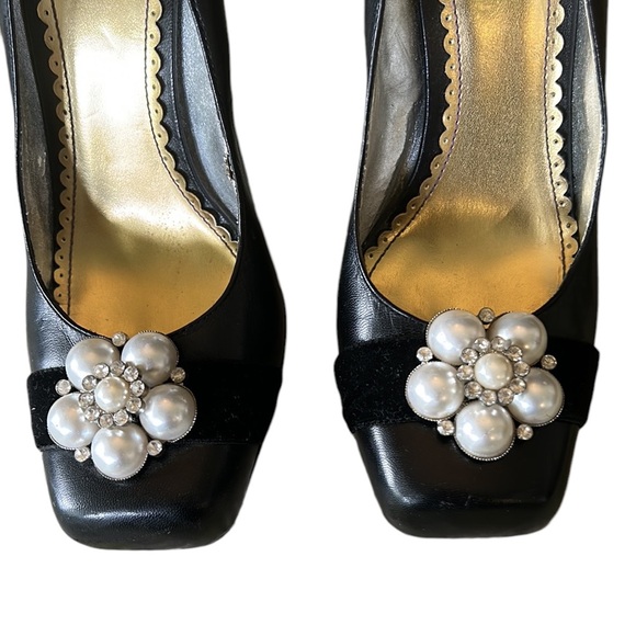 Hale Bob Black Leather Embellished Rhinestone Pearl Square Toe Chunky Heels - 8 - Picture 7 of 16